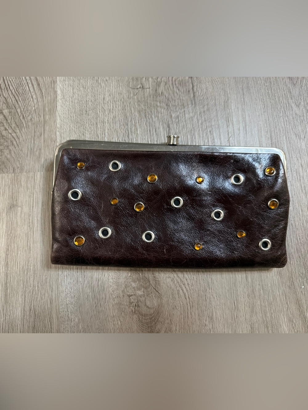 HOBO Dark Brown Leather Clutch with Amber Studs and Silver Grommets